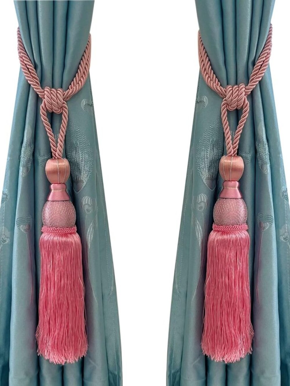 Set of 2 Pink Ball Tassel Curtain Tiebacks Braided Window Decor